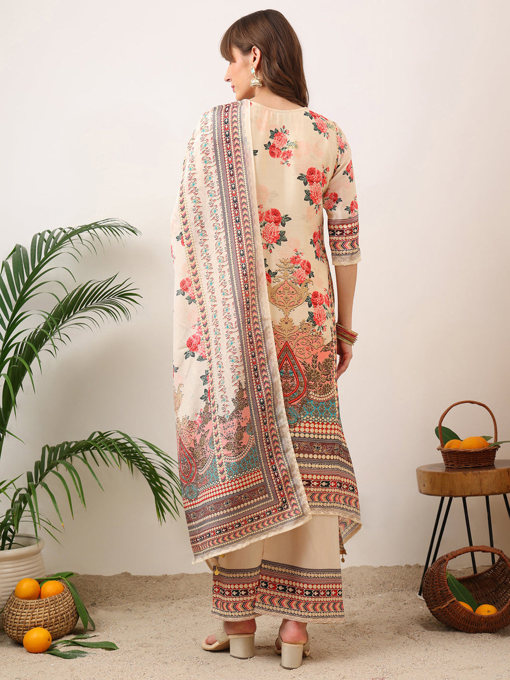 Embroidered & Printed Asymmetric Kurta With Palazzo & Printed Dupatta, Cream - Hiral Fashion | Grocsy