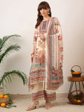 Embroidered & Printed Asymmetric Kurta With Palazzo & Printed Dupatta, Cream - Hiral Fashion | Grocsy