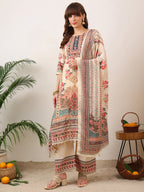 Embroidered & Printed Asymmetric Kurta With Palazzo & Printed Dupatta, Cream - Hiral Fashion | Grocsy