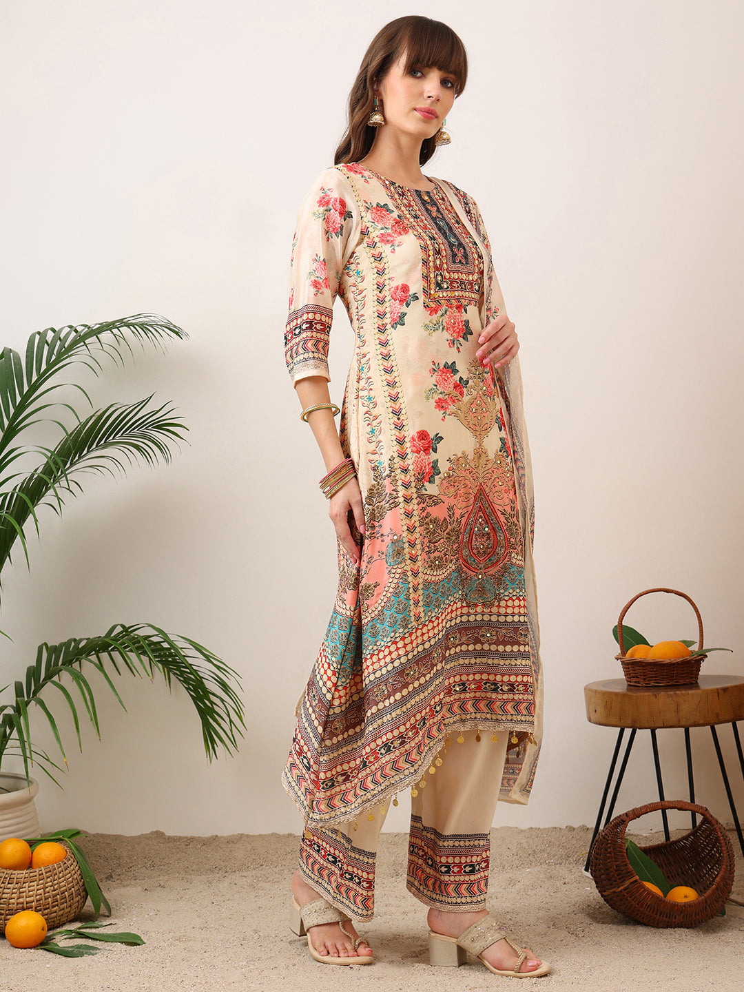 Embroidered & Printed Asymmetric Kurta With Palazzo & Printed Dupatta, Cream - Hiral Fashion | Grocsy