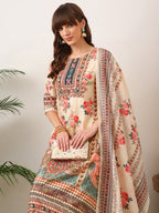 Embroidered & Printed Asymmetric Kurta With Palazzo & Printed Dupatta, Cream - Hiral Fashion | Grocsy