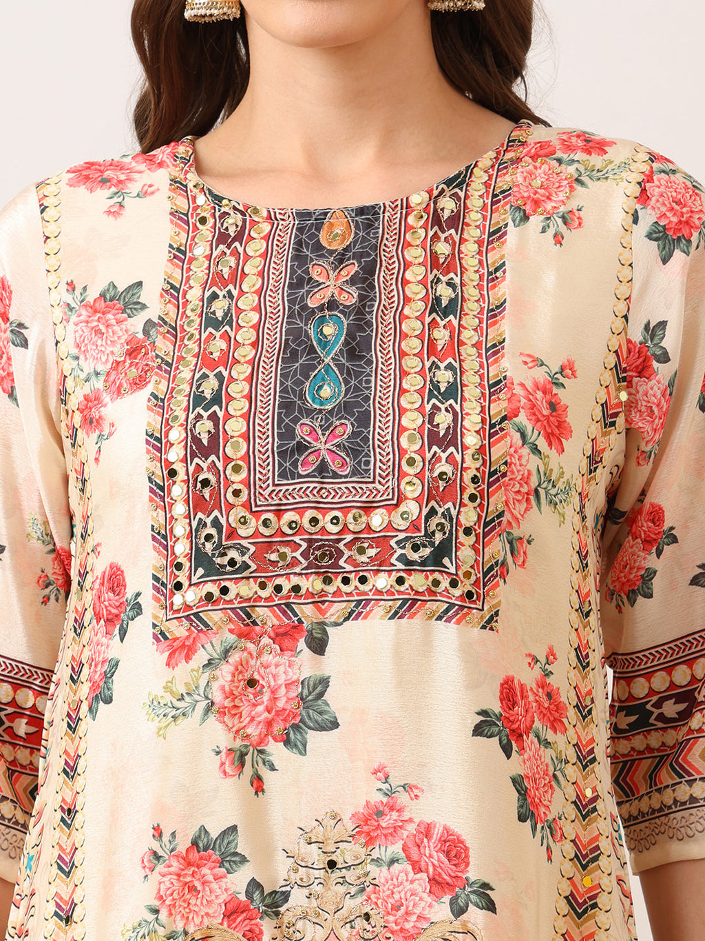 Embroidered & Printed Asymmetric Kurta With Palazzo & Printed Dupatta, Cream - Hiral Fashion | Grocsy