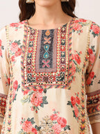 Embroidered & Printed Asymmetric Kurta With Palazzo & Printed Dupatta, Cream - Hiral Fashion | Grocsy