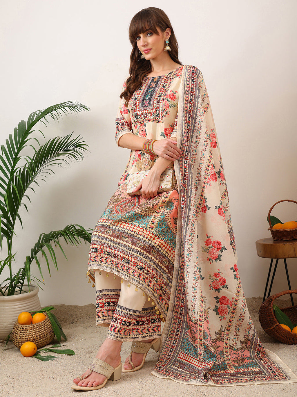 Embroidered & Printed Asymmetric Kurta With Palazzo & Printed Dupatta, Cream - Hiral Fashion | Grocsy
