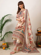 Embroidered & Printed Asymmetric Kurta With Palazzo & Printed Dupatta, Cream - Hiral Fashion | Grocsy