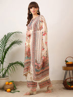 Embroidered & Printed Asymmetric Kurta With Palazzo & Printed Dupatta, Cream - Hiral Fashion | Grocsy