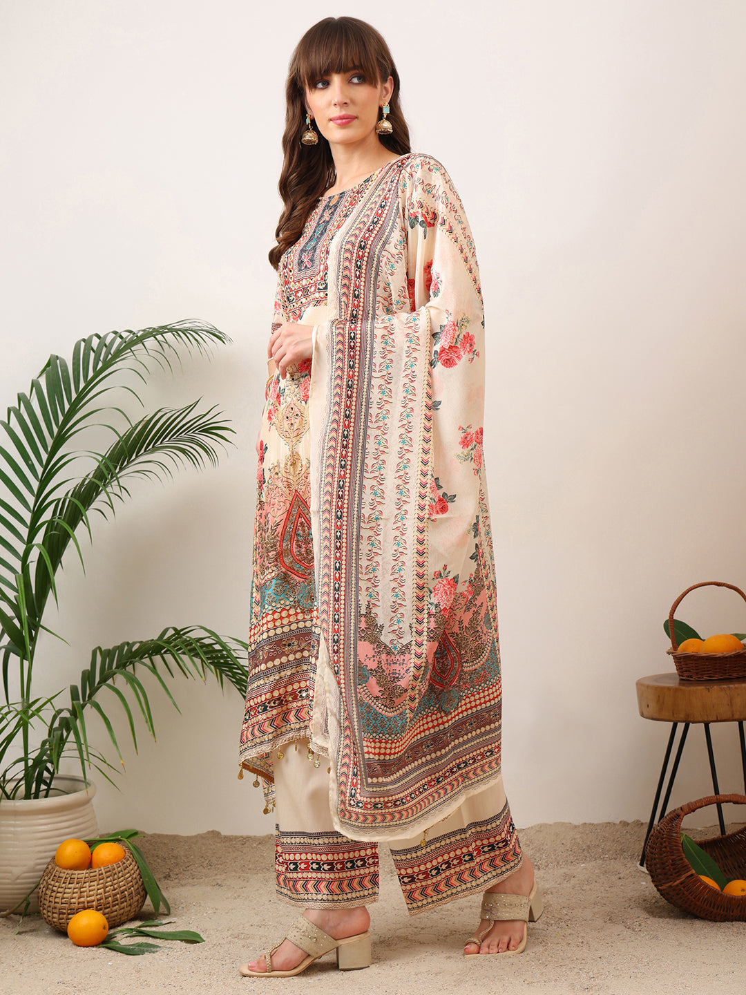 Embroidered & Printed Asymmetric Kurta With Palazzo & Printed Dupatta, Cream - Hiral Fashion | Grocsy