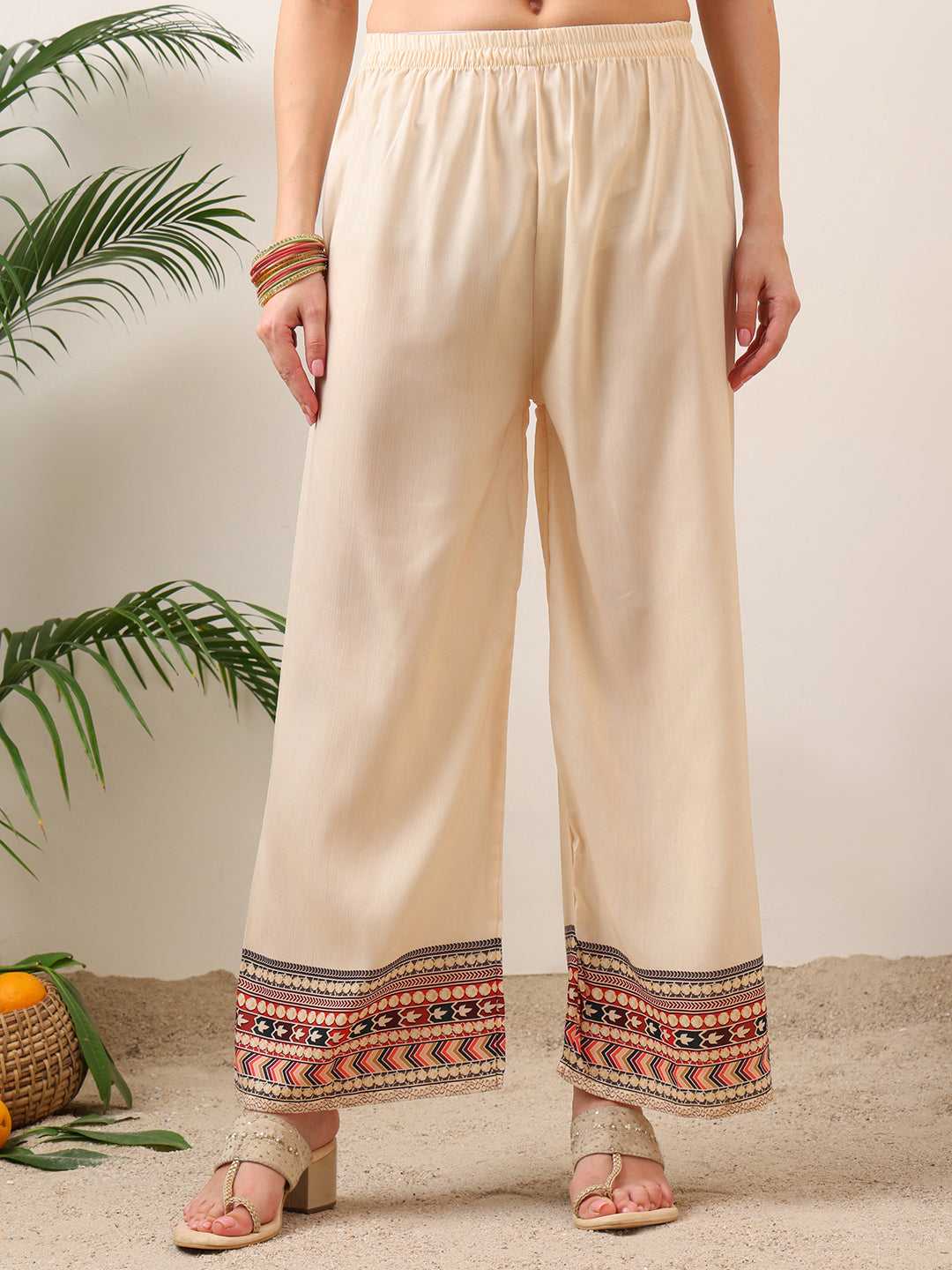 Embroidered & Printed Asymmetric Kurta With Palazzo & Printed Dupatta, Cream - Hiral Fashion | Grocsy