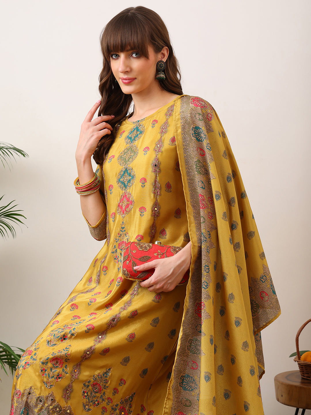 Embroidered & Printed Asymmetric Kurta With Palazzo & Printed Dupatta, Mustard - Hiral Fashion | Grocsy