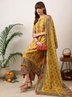 Embroidered & Printed Asymmetric Kurta With Palazzo & Printed Dupatta, Mustard - Hiral Fashion | Grocsy