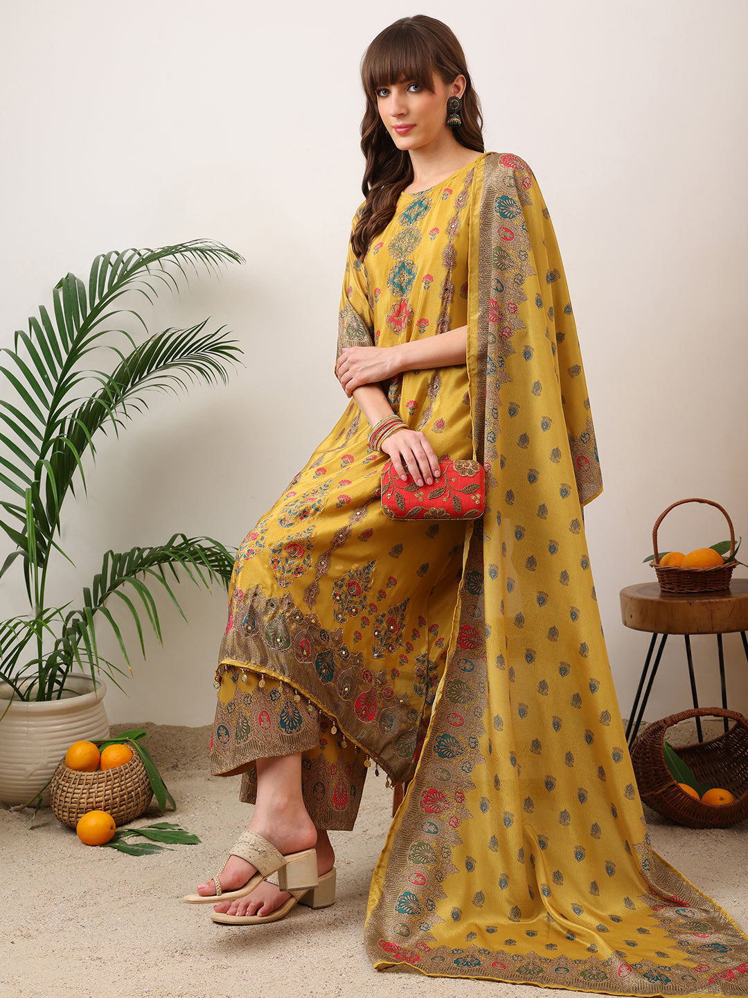 Embroidered & Printed Asymmetric Kurta With Palazzo & Printed Dupatta, Mustard - Hiral Fashion | Grocsy