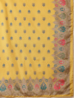 Embroidered & Printed Asymmetric Kurta With Palazzo & Printed Dupatta, Mustard - Hiral Fashion | Grocsy