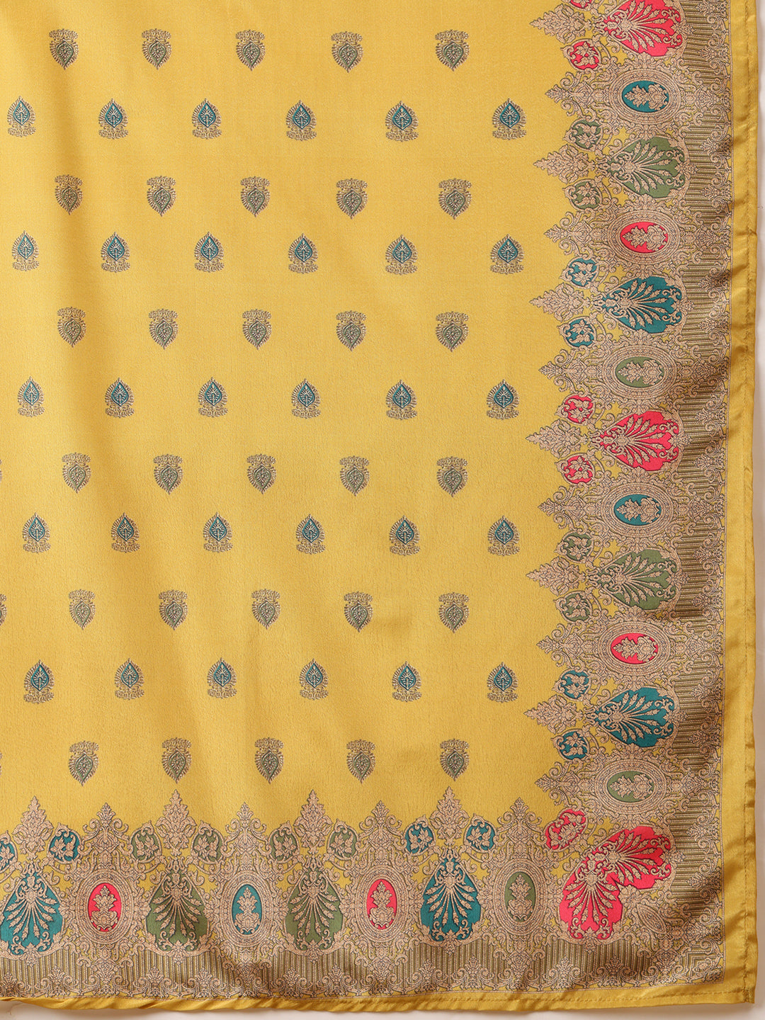 Embroidered & Printed Asymmetric Kurta With Palazzo & Printed Dupatta, Mustard - Hiral Fashion | Grocsy