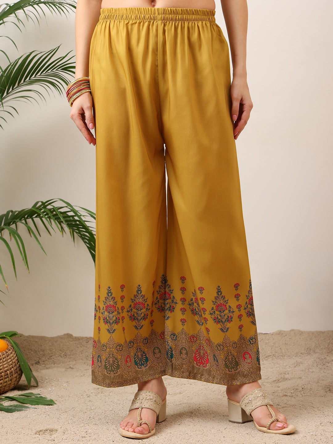 Embroidered & Printed Asymmetric Kurta With Palazzo & Printed Dupatta, Mustard - Hiral Fashion | Grocsy