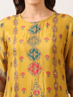 Embroidered & Printed Asymmetric Kurta With Palazzo & Printed Dupatta, Mustard - Hiral Fashion | Grocsy