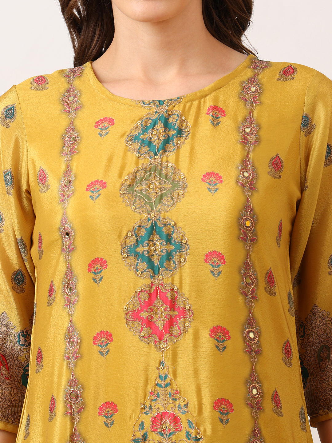 Embroidered & Printed Asymmetric Kurta With Palazzo & Printed Dupatta, Mustard - Hiral Fashion | Grocsy