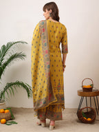 Embroidered & Printed Asymmetric Kurta With Palazzo & Printed Dupatta, Mustard - Hiral Fashion | Grocsy
