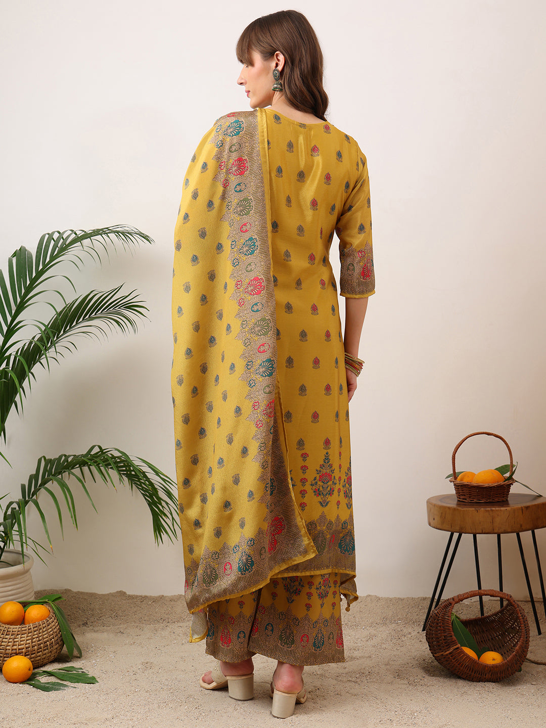 Embroidered & Printed Asymmetric Kurta With Palazzo & Printed Dupatta, Mustard - Hiral Fashion | Grocsy