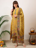 Embroidered & Printed Asymmetric Kurta With Palazzo & Printed Dupatta, Mustard - Hiral Fashion | Grocsy