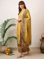 Embroidered & Printed Asymmetric Kurta With Palazzo & Printed Dupatta, Mustard - Hiral Fashion | Grocsy