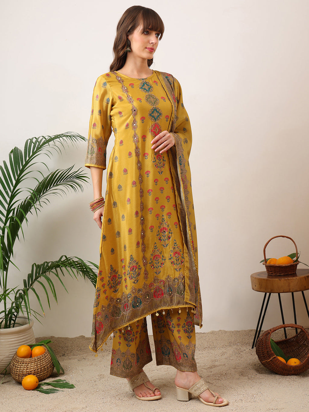 Embroidered & Printed Asymmetric Kurta With Palazzo & Printed Dupatta, Mustard - Hiral Fashion | Grocsy