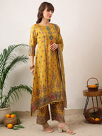 Embroidered & Printed Asymmetric Kurta With Palazzo & Printed Dupatta, Mustard - Hiral Fashion | Grocsy