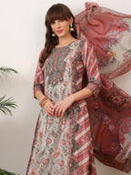 Embroidered & Printed Asymmetric Kurta With Palazzo & Printed Dupatta, Pink - Hiral Fashion | Grocsy
