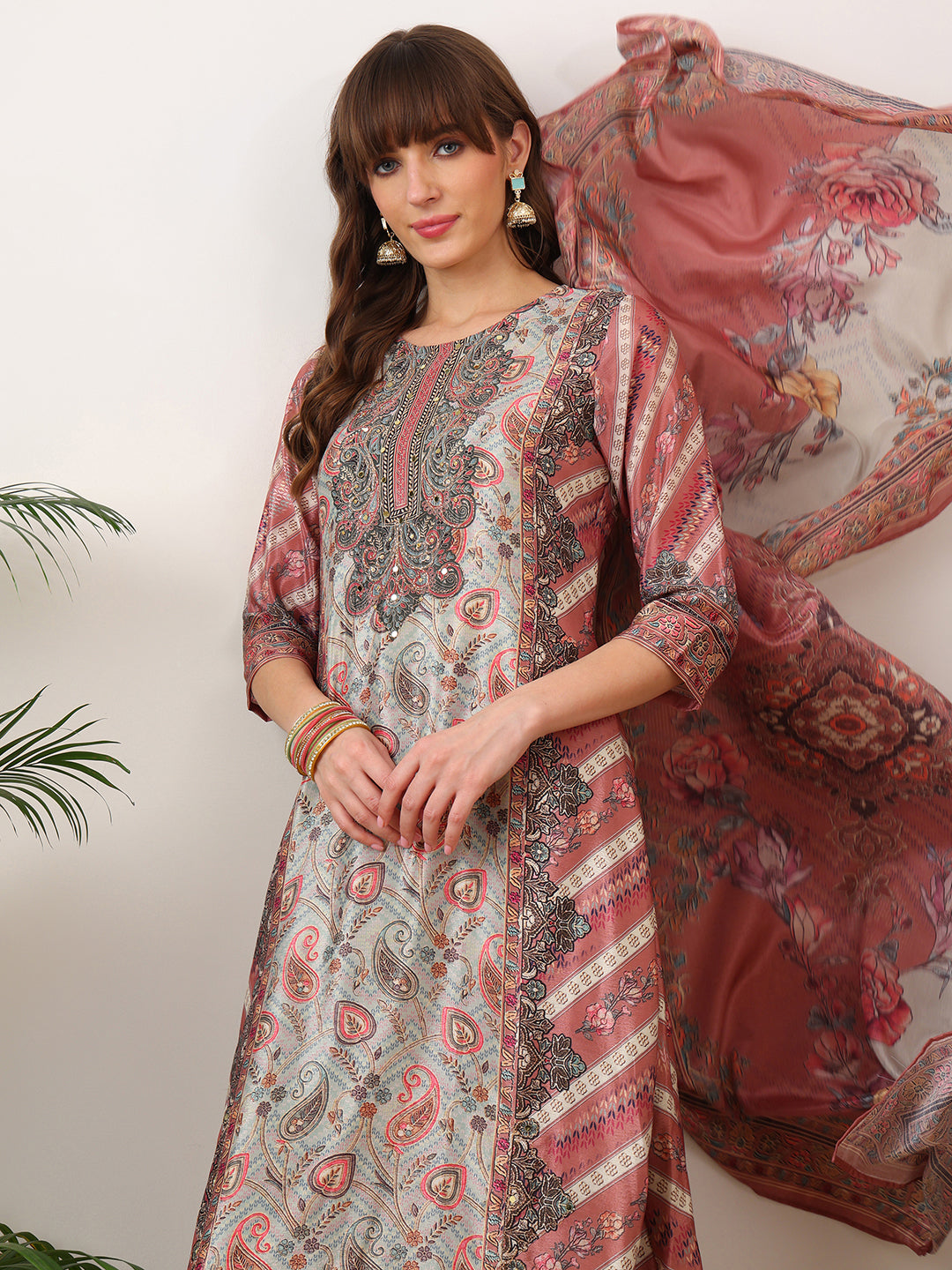 Embroidered & Printed Asymmetric Kurta With Palazzo & Printed Dupatta, Pink - Hiral Fashion | Grocsy