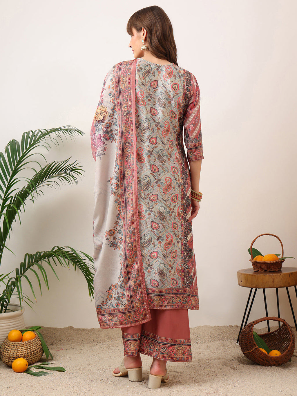 Embroidered & Printed Asymmetric Kurta With Palazzo & Printed Dupatta, Pink - Hiral Fashion | Grocsy