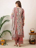Embroidered & Printed Asymmetric Kurta With Palazzo & Printed Dupatta, Pink - Hiral Fashion | Grocsy