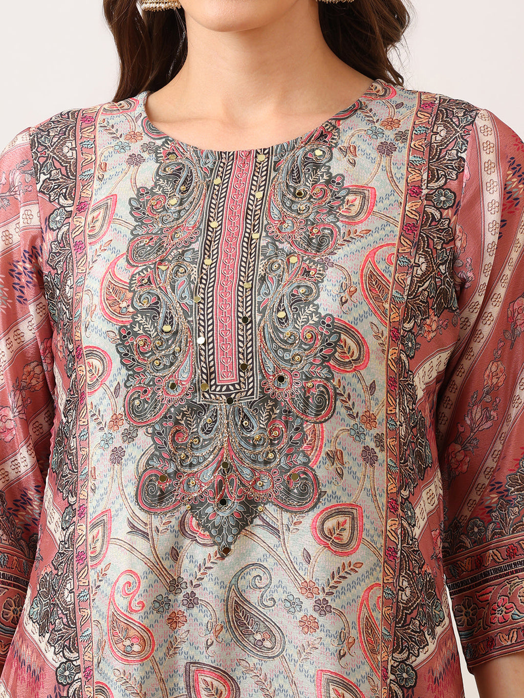 Embroidered & Printed Asymmetric Kurta With Palazzo & Printed Dupatta, Pink - Hiral Fashion | Grocsy