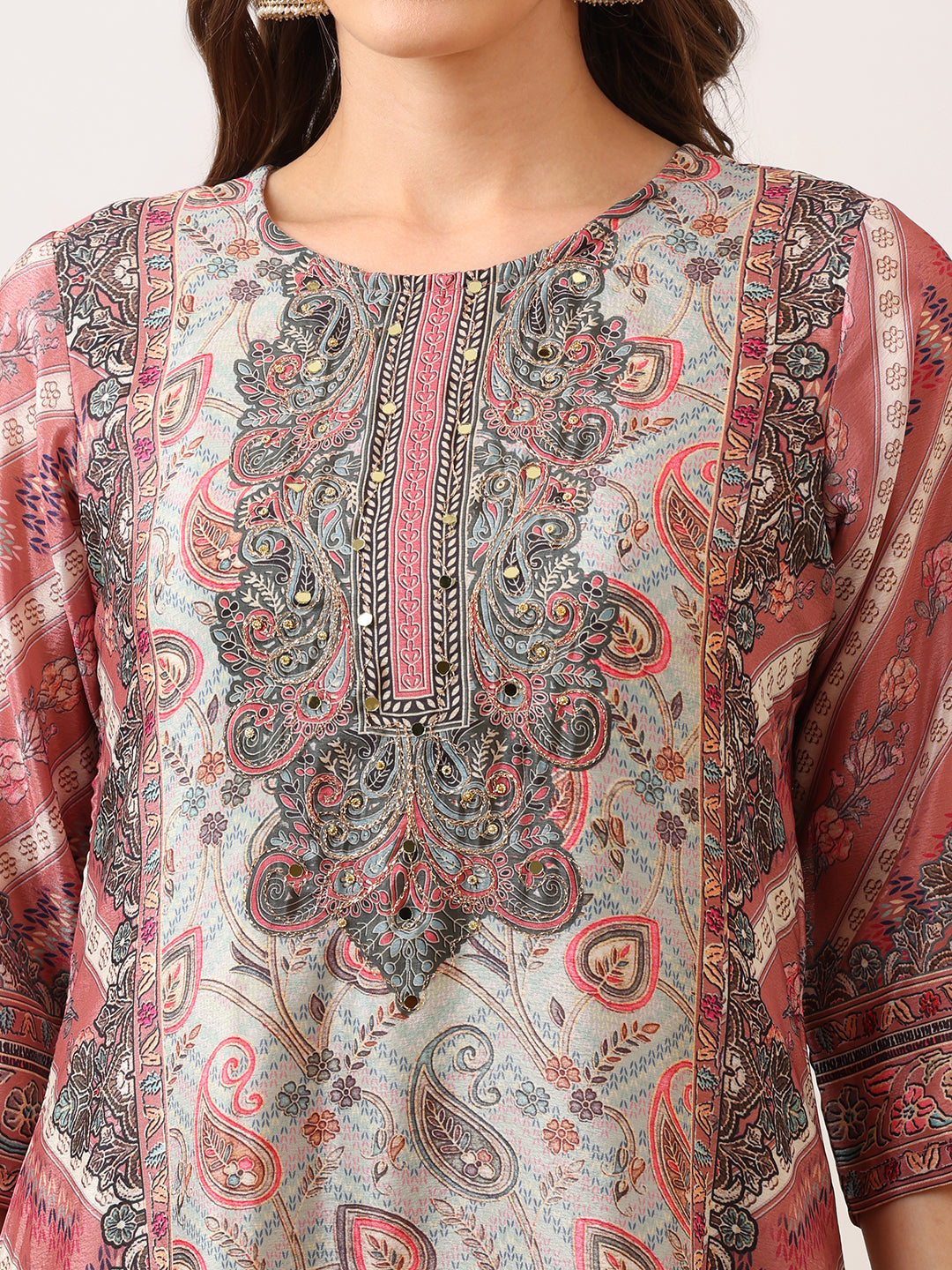 Embroidered & Printed Asymmetric Kurta With Palazzo & Printed Dupatta, Pink - Hiral Fashion | Grocsy