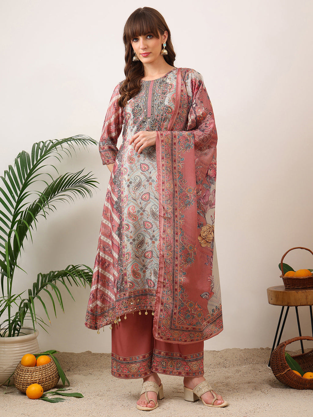 Embroidered & Printed Asymmetric Kurta With Palazzo & Printed Dupatta, Pink - Hiral Fashion | Grocsy