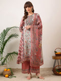 Embroidered & Printed Asymmetric Kurta With Palazzo & Printed Dupatta, Pink - Hiral Fashion | Grocsy