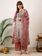 Embroidered & Printed Asymmetric Kurta With Palazzo & Printed Dupatta, Pink - Hiral Fashion | Grocsy