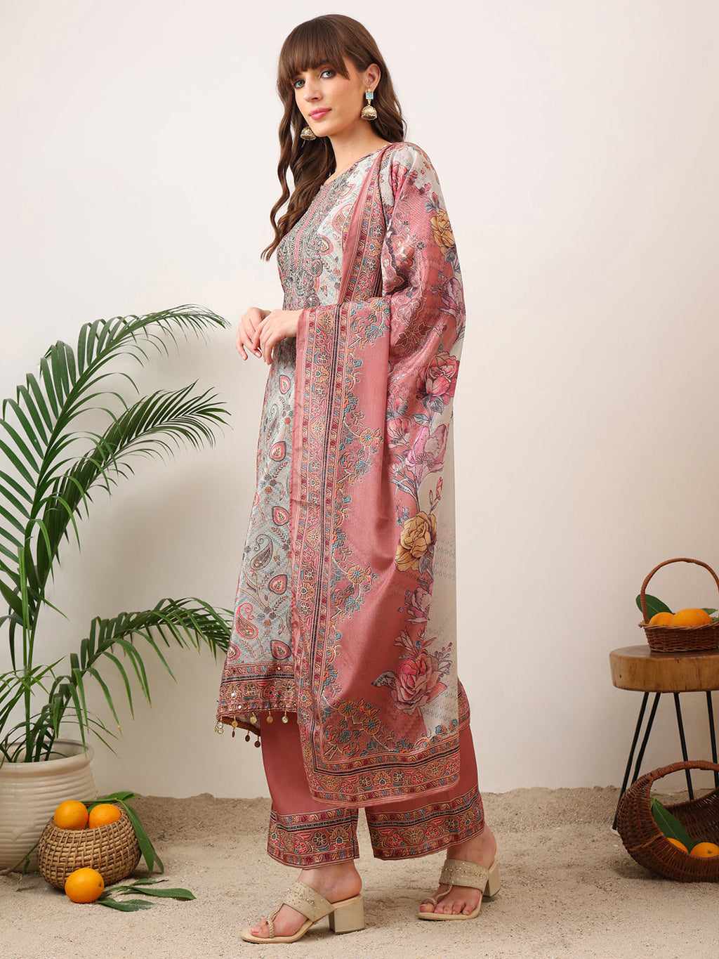 Embroidered & Printed Asymmetric Kurta With Palazzo & Printed Dupatta, Pink - Hiral Fashion | Grocsy