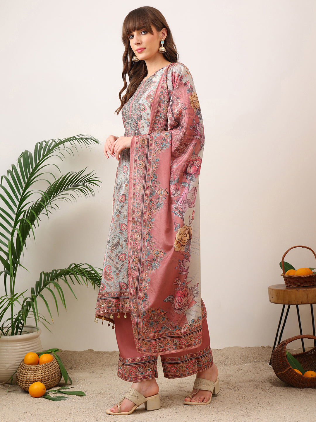Embroidered & Printed Asymmetric Kurta With Palazzo & Printed Dupatta, Pink - Hiral Fashion | Grocsy