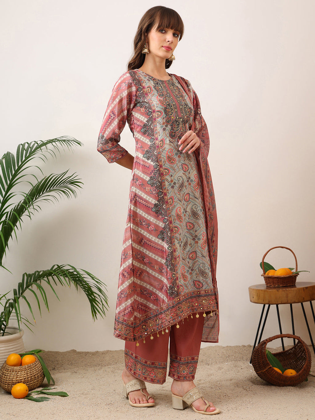 Embroidered & Printed Asymmetric Kurta With Palazzo & Printed Dupatta, Pink - Hiral Fashion | Grocsy