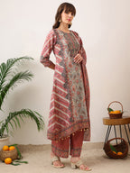 Embroidered & Printed Asymmetric Kurta With Palazzo & Printed Dupatta, Pink - Hiral Fashion | Grocsy