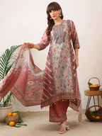 Embroidered & Printed Asymmetric Kurta With Palazzo & Printed Dupatta, Pink - Hiral Fashion | Grocsy