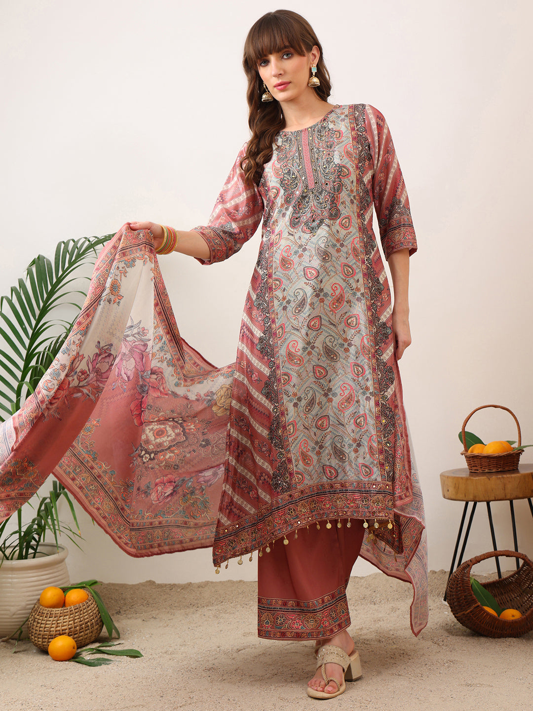 Embroidered & Printed Asymmetric Kurta With Palazzo & Printed Dupatta, Pink - Hiral Fashion | Grocsy