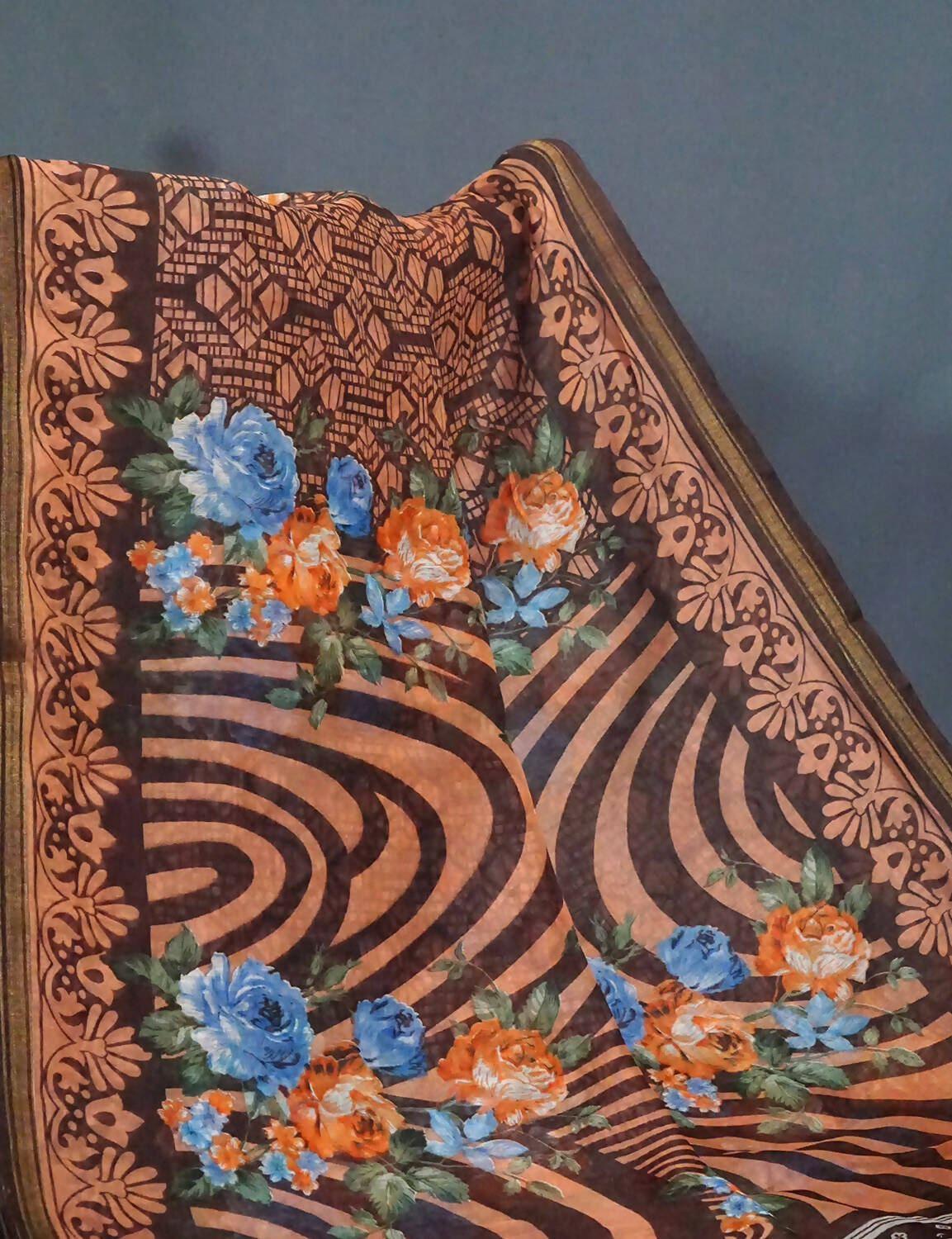 Shades Of Dark Coffee Brown With Floral Design Semi Chanderi Saree By Gayathri Reddy Designer Studio | Grocsy