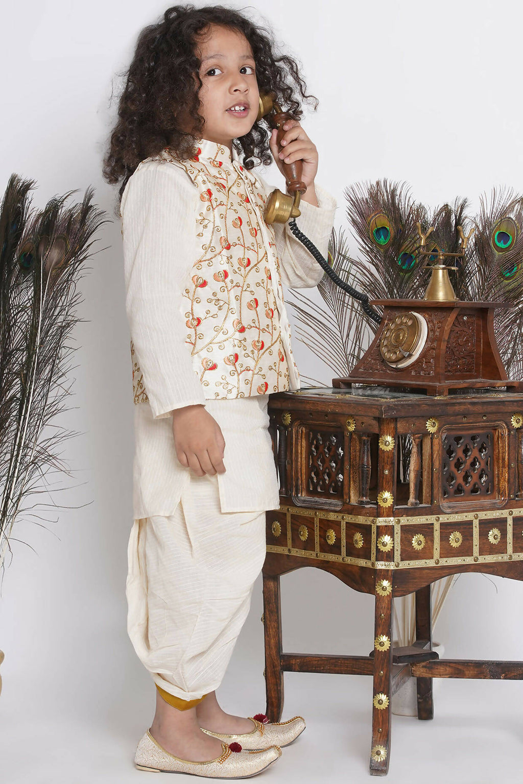 Little Bansi Banarsi Red Tulip Embroidery Jacket With Cotton Kantha kurta And Kantha Dhoti - Cream | Grocsy