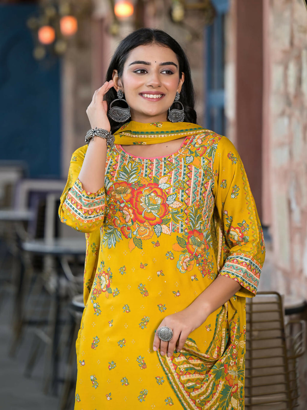 Juniper Women's Mustard Floral Printed Liva Rayon Kurta Pant And Dupatta Set With Sequins | Grocsy