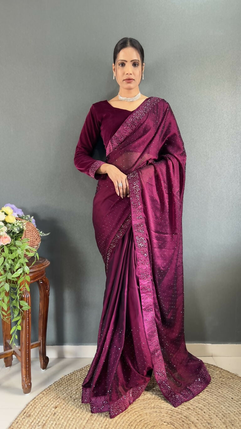 Vastranavya Wine Rangoli Silk Swarovski work Ready to Wear Saree | Grocsy