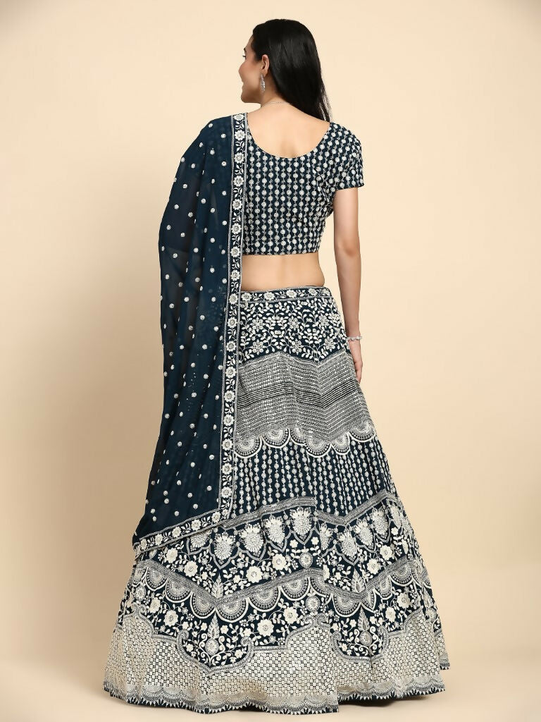 Blue Georgette Thread Embroidered Lehenga Choli with Dupatta - Tanya | Grocsy