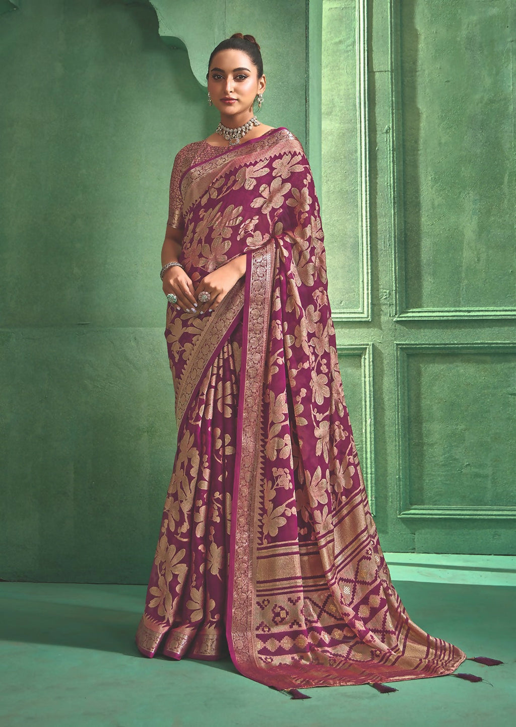 Joban Fashion Deep Magenta Dull Moss Brasso With Kasab Zari Border Saree & Tassels With Brasso Blouse | Grocsy
