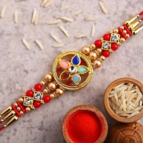Flower Design Kundan Rakhi And Almonds Jar | Grocsy