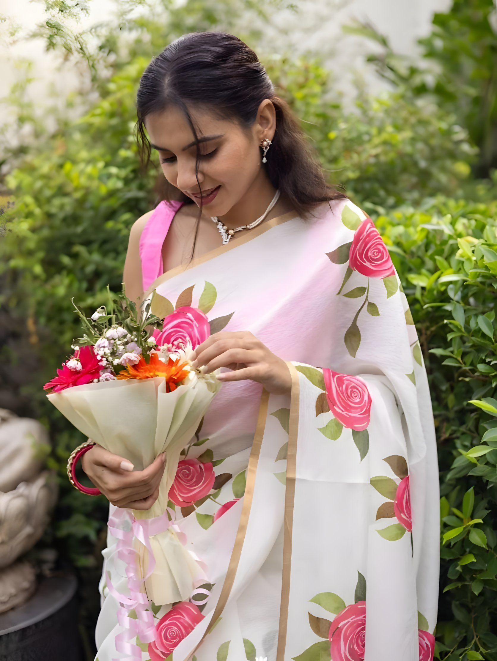 Prime Volt Women's White & Pink Floral Digital Print Soft Linen Saree With Gold Zari Border & Blouse | Grocsy
