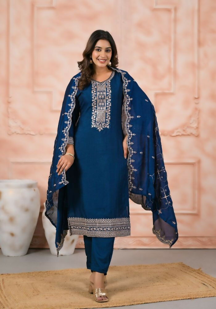 Ethnic Festive Wear Slik Petrol Stitched Suit With Dupatta - Anbazaar | Grocsy